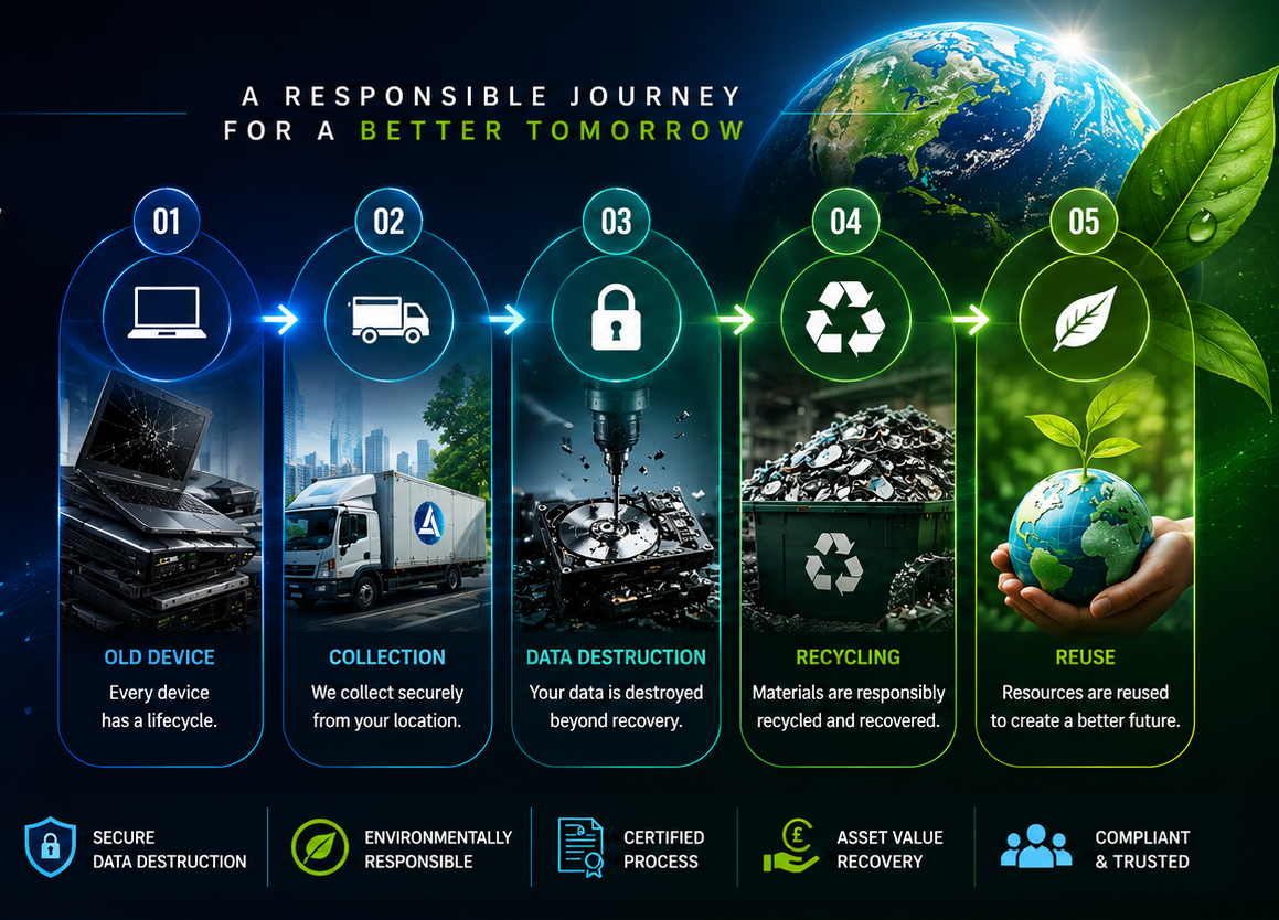 Illustration representing SharpField Global's secure IT asset disposal and decommissioning process